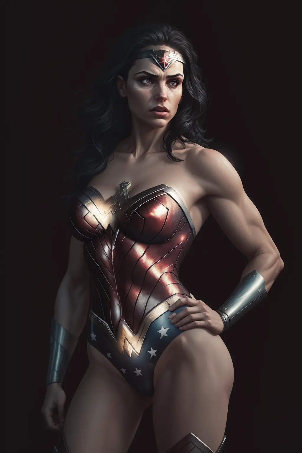 8k, best quality, real picture, intricate details, ultra-detailed, ultra highres, depth field,(photorealistic,realistic:1.2), masterpiece,photo of 1girl, wonder woman, superhero, hands on hips, realistic, leotard, boots, tiara, black hair, lips, long hair, solo, (revealing clothes:1.3), ruined city background, moody and melancholic atmosphere with black background by lee jeffries, nikon d850, film stock, photograph 4 kodak portra 400 camera f1.6 lens, rich colors, hyper realistic, lifelike texture, dramatic lighting, unreal engine, trending on artstation, cinestill 800 <lora:WonderWoman:1>