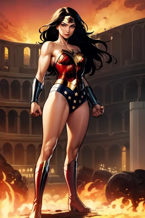 masterpiece, best quality, 1girl, wonder woman, solo, leotard, boots, powerful, superhero, burning sky, colosseum background, ancient greece background  <lora:WonderWoman:1>