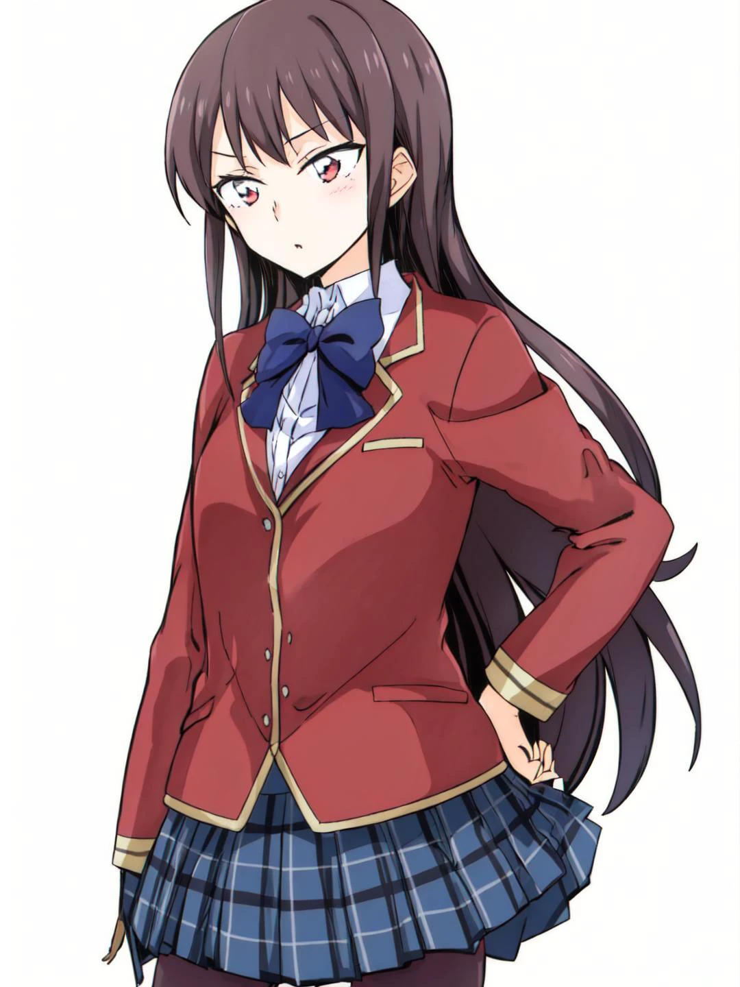 masterpiece, best quality,
vivid colors,
<lora:kindred_spirits_v5:0.9> kd_vnstyle
1girl , (solo),
<lora:Suzune_HorikitaV3:0.5> suzune_horikita, black_thighhighs, pleated_skirt, white_skirt, school_uniform, bow, red_blazer, red_jacket, long_sleeves