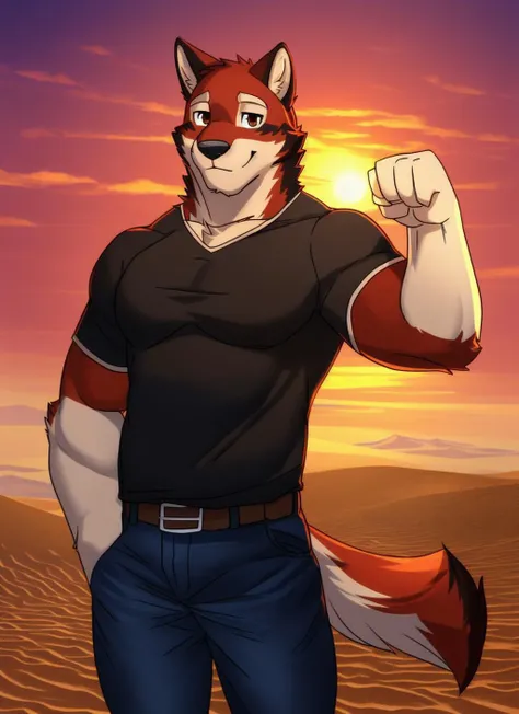 <lora:leo-07:1>, leo alvarez, looking at viewer, smile, shirt, 1boy, brown eyes, closed mouth, male focus, black shirt, black fur, orange fur, red fur, desert background, full body, pants, jeans, belt, muscular, muscular male, flexing