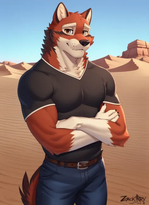 <lora:leo-07:1>, leo alvarez, looking at viewer, smile, shirt, 1boy, brown eyes, closed mouth, male focus, black shirt, black fur, orange fur, red fur, desert background, full body, pants, jeans, belt, muscular, muscular male, flexing, by zackarry911, by zaush, (by personalami:0.5), zootopia style, (maple story:0.7), (soft shading), 4k, hi res, dark theme,