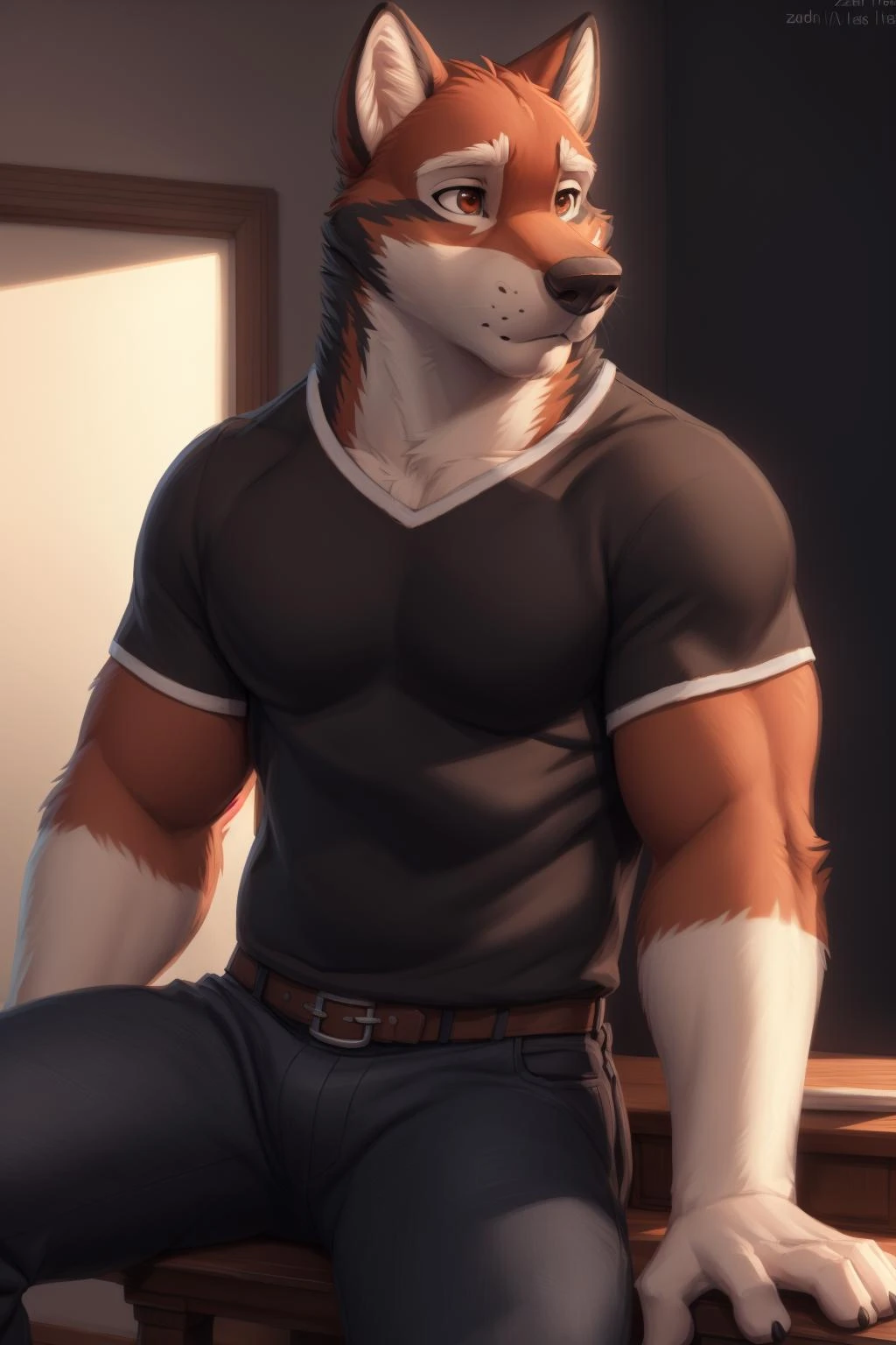 <lora:leoV2-06:0.9>, leo alvarez, muscular, bara, wolf tail, (posing:1.3), (soft shading), 4k, hi res, five fingers, detailed hands, ((detailed face, (detailed eyes:1.0), detailed)), by zackarry911, by zaush, (by personalami:0.5), solo, shirt, red eyes, 1boy, sitting, male focus, pants, black shirt, thick eyebrows, snout