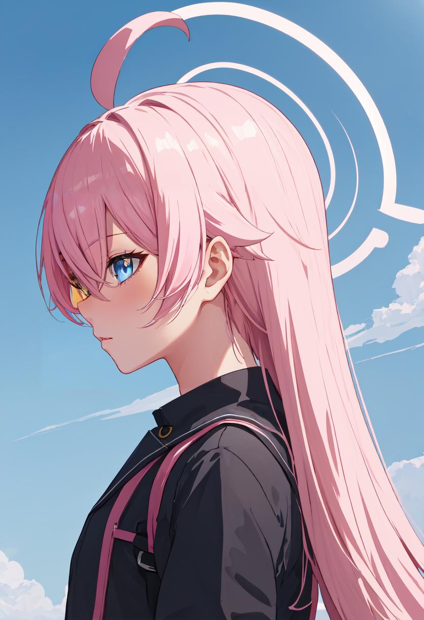 Anime girl with pink hair and blue eyes looking at the sky - SeaArt AI