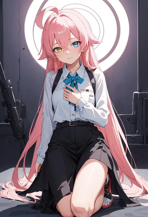 (safe:1.10), best quality, masterpiece, highres, solo, (hoshino_bluearchive:1.10), kneeling, kneeling on one knee, on one knee, cowboy shot, looking at viewer, 30 <lora:hoshino_bluearchive:0.80>
