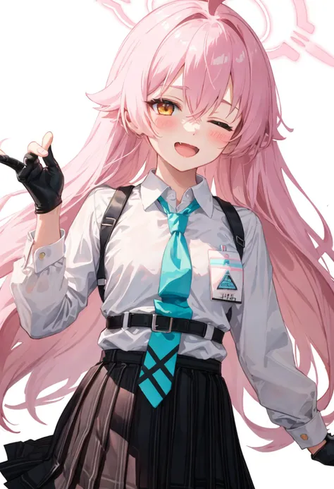 best quality, masterpiece, highres, solo, {hoshino_bluearchive:0.90}, 1girl, blue_necktie, collared_shirt, long_sleeves, looking_at_viewer, plaid_skirt, white_shirt, black_gloves, fingerless_gloves, pleated_skirt, black_skirt, open_mouth, simple_background, white_background, id_card, blush, smile, one_eye_closed