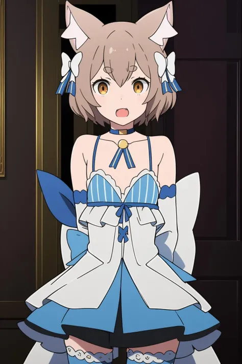blue thighhighs,thighhighs over pantyhose,vertical-striped thighhighs,
<lora:è²å©å
æ¯Â·é¿çå°1V:0.7>,è²å©å
æ¯Â·é¿çå°,1boy,otoko no ko,animal ears,cat ears,solo,brown hair,hair bow,bangs,bob cut,short hair,brown eyes,hair between eyes,thick eyebrows,short eyebrows,fang,otoko no ko,
crossdressing,blue choker,collarbone,bare shoulders,bolo tie,front-tie top,cross-laced clothes,dress bow,large bow,white bow,blue ribbon,striped,vertical stripes,detached sleeves,layered dress,frilled dress,, Exquisite visuals, high-definition,masterpiece,best quality,, 18yo,Young female,Beautiful Fingers,Beautiful long legs,Beautiful body,Beautiful Nose,Beautiful character design, perfect eyes, perfect face,expressive eyes,
official art,extremely detailed CG unity 8k wallpaper, perfect lighting,Colorful, Bright_Front_face_Lighting,shiny skin,
(masterpiece:1.0),(best_quality:1.0), ultra high res,4K,ultra-detailed,
photography, 8K, HDR, highres, absurdres:1.2, Kodak portra 400, film grain, blurry background, bokeh:1.2, lens flare, (vibrant_color:1.2), (beautiful_face:1.5),(narrow_waist), ,NSFW,