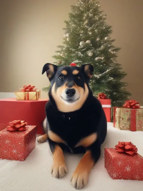 breathtaking masterpiece,absurdres,christmas,happy holidays,miyueltacoxl dog,merry christmas,happy,beautiful,smiling,detailed,warm lighting,soft shadows,<lora:miyueltaco-000004:1>,, masterpiece, award-winning, professional, highly detailed