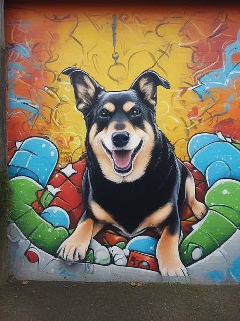 graffiti style masterpiece,absurdres,christmas,happy holidays,miyueltacoxl dog,merry christmas,happy,beautiful,smiling,detailed,warm lighting,soft shadows,<lora:miyueltaco-000004:1.2>, . street art, vibrant, urban, detailed, tag, mural