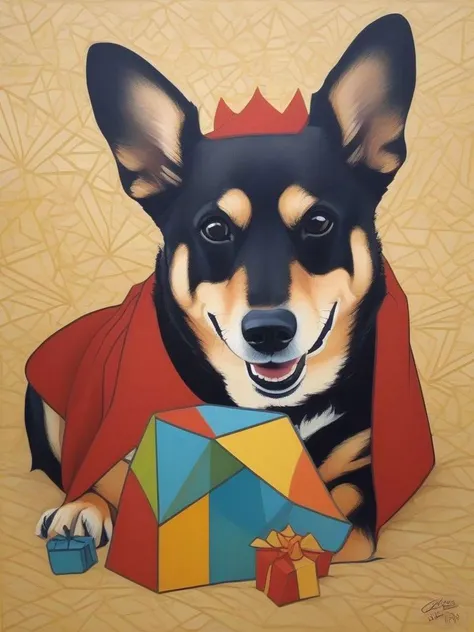 Cubism Art, masterpiece,absurdres,christmas,happy holidays,miyueltacoxl dog,merry christmas,happy,beautiful,smiling,detailed,warm lighting,soft shadows,<lora:miyueltaco-000004:1>,, flat geometric forms, cubism art