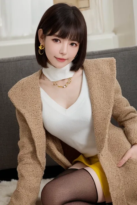 <lora:minchen_v1_chilloutmix_NiPrunedFp32Fix_100_50pic:0.8> smiling minchen, 

absurdes, (mouth:1.16) closed, balanced eyes,
(Best quality details:1.2),realistic,8K High definition,Ultra Detailed,High quality texture,intricate details,detailed texture,finely detailed,high detail,extremely detailed cg,High quality shadow,Detailed beautiful delicate face,Detailed beautiful delicate eyes,Depth of field,Ray tracing,(a beautiful 25 age years old cute japanese  lady:1),small breast, tall_female, beautiful_legs, Glow Eyes,blush, perfect petite body,skinny, 
blurry indoor background, 
yellow 
tasteful
Skirt, 
red 
colourful
Scarf,
 open coat:1.1, [brown_skirt]:1, stockings and garterbelt:1.2, bob cut hair, cozy living room, sunlight, kneeling on sofa, earrings,necklace, model, looking at viewer, dynamic pose, earrings,necklace, model, looking at viewer, from side, dynamic pose,  front facing