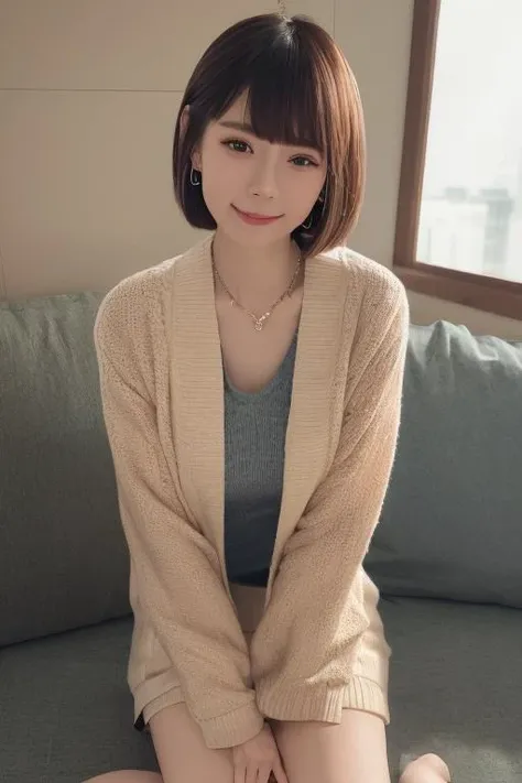 <lora:minchen_v1_chilloutmix_NiPrunedFp32Fix_100_50pic:0.8> smiling minchen, 

absurdes, mouth closed, balanced eyes,
(Best quality details:1.2),realistic,8K High definition,Ultra Detailed,High quality texture,intricate details,detailed texture,finely detailed,high detail,extremely detailed cg,High quality shadow,Detailed beautiful delicate face,Detailed beautiful delicate eyes,Depth of field,Ray tracing,(a beautiful 25 age years old cute japanese  lady:1),small breast, tall_female, beautiful_legs, Glow Eyes,blush, perfect petite body,skinny, 
blurry indoor background, 
red 
smart
Midi ress, 
lime 
formal
Dress,
 open coat:1.1, [brown_skirt]:1, stockings and garterbelt:1.2, bob cut hair, cozy living room, sunlight, kneeling on sofa, earrings,necklace, model, looking at (viewer:1.31), dynamic pose, earrings,necklace, model, looking at (viewer:1.31), from side, dynamic pose,  front facing