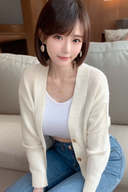 A woman sitting on a couch wearing a white shirt and jeans - SeaArt AI