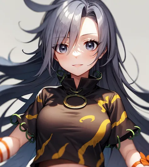 Himemushi Momoyo, patterned clothing, black shirt, green ring, orange ribbon, upper body, looking at viewer
<lora:Himemushi_Momoyo:0.85>