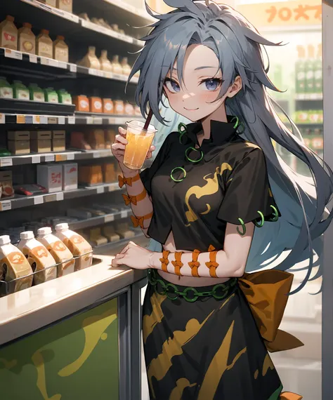 Himemushi Momoyo, patterned clothing, black shirt, green ring, orange ribbon, orange bow, black skirt, standing, convenience store, beverage cooler, smile
 <lora:Himemushi_Momoyo:0.85>