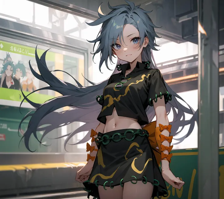 Himemushi Momoyo, patterned clothing, black shirt, green ring, orange ribbon, orange bow, black skirt, standing, subway station, railroad, looking at viewer
<lora:Himemushi_Momoyo:0.85>