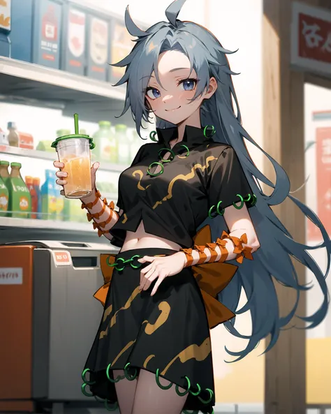Himemushi Momoyo, patterned clothing, black shirt, green ring, orange ribbon, orange bow, black skirt, standing, convenience store, beverage cooler, smile
<lora:Himemushi_Momoyo:0.85>