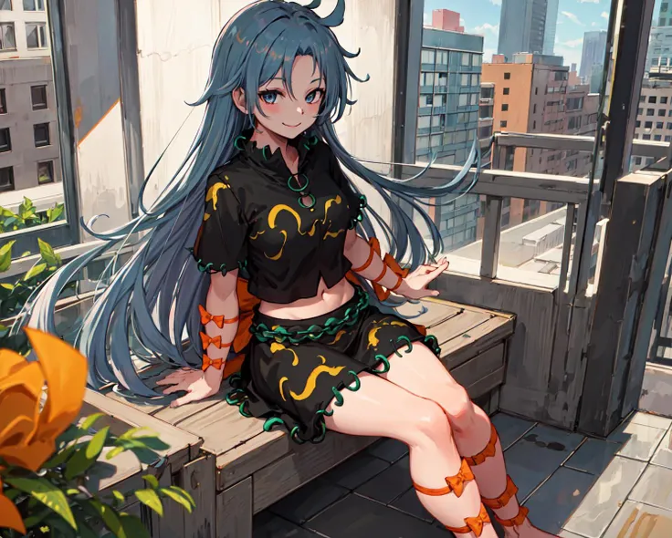 1girl, Himemushi Momoyo, patterned clothing, black shirt, green ring, orange ribbon, orange bow, black skirt, city, sitting on chair, terrace, smile
<lora:Himemushi_Momoyo:0.85>