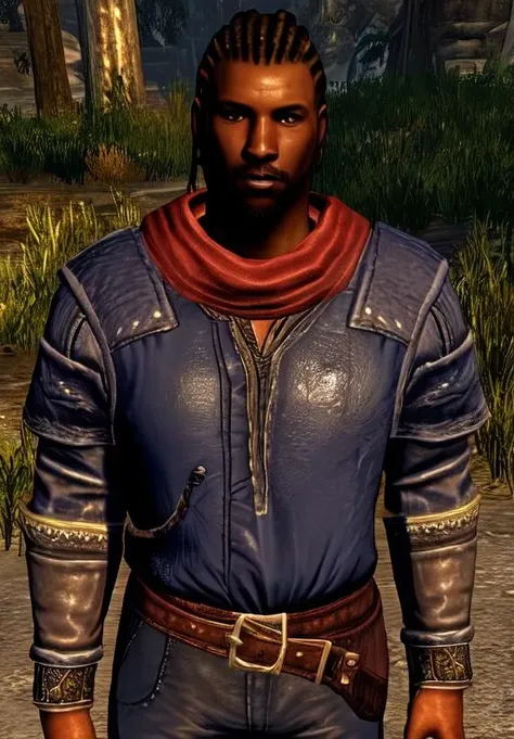 a man, <lora:Redguard-Male:0.8>, Redguard-Male, 1man, solo,, (masterpiece, best quality, absurdres, detailed, ultra-detailed:1.3), charming