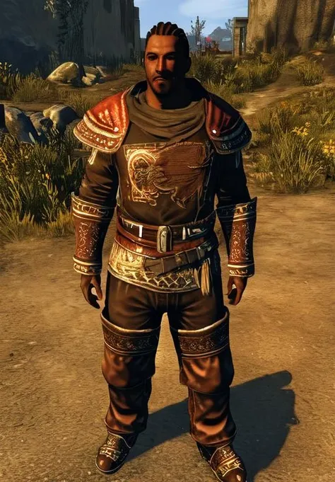 a man, <lora:Redguard-Male:0.8>, Redguard-Male, 1man, solo,, (masterpiece, best quality, absurdres, detailed, ultra-detailed:1.3), charming