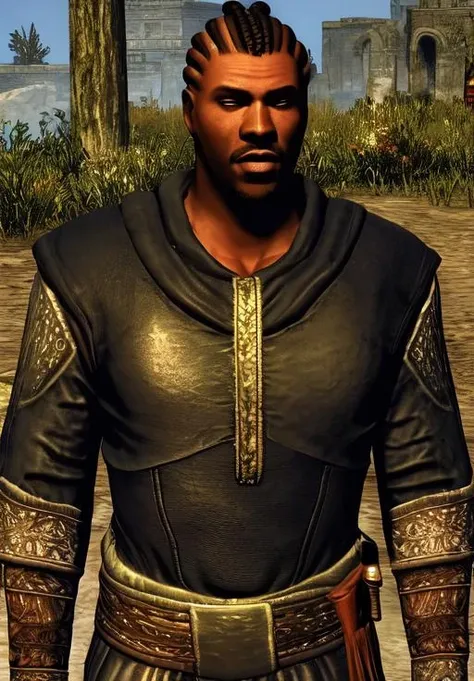 a man, <lora:Redguard-Male:0.8>, Redguard-Male, 1man, solo, upper body, (masterpiece, best quality, absurdres, detailed, ultra-detailed:1.3), charming