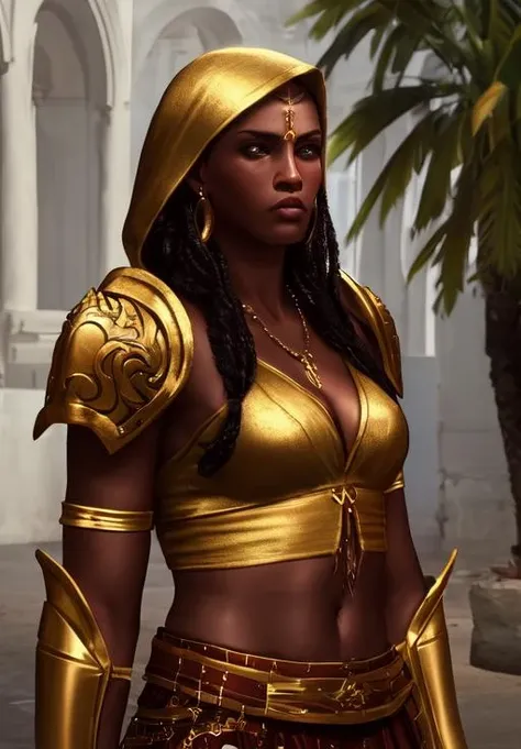 8k, masterpiece, ultra high quality, ultra detailed (real image, intricate detail, depth of field), mysterious atmosphere, African Warrior Goddess, ebony skin, braided hair, horns, elf ears, lion eyes, detailed eyes, full body African Armour, Celestial atmosphere, candlelight, (super breast:1.3),(sweaty skin), tanline, golden armour, sword in hands, brown skin, thick body, white tattoo, wide hips, ultra detailed armour, no nudes, mesmerizing look, celestial aura, In a garden, Infront of colourful ancient ruins, Night sky