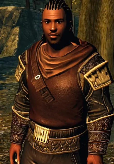 a man, <lora:Redguard-Male:0.8>, Redguard-Male, 1man, solo, upper body, (masterpiece, best quality, absurdres, detailed, ultra-detailed:1.3), charming