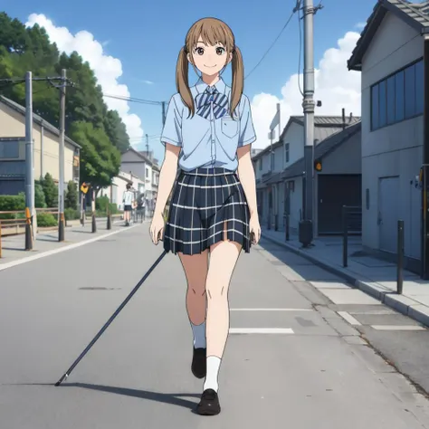 masterpiece,highres,high quality,extremely detailed,solo,
<lora:MotokoKanikawa001:0.7>,smile,
MotokoKanikawa,1girl,
twintails,
school uniform,bow,shirt,
skirt,
full body,walking,