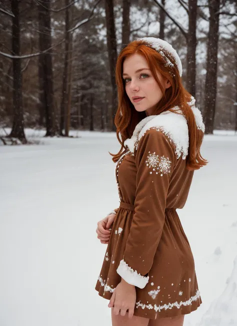 portrait of redhead woman, (gingerbread dress), cinematic lighting, <lora:Gingerbread Dress_v1:0.69>, covered in snow, outdoor, snowy cabin