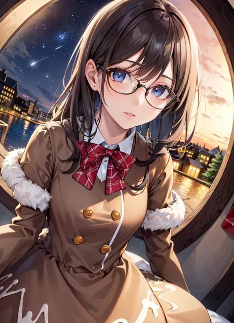 ((best quality)), ((highly detailed)), masterpiece, absurdres, detailed face, beautiful face, (detailed eyes, deep eyes), (1girl), (glasses), fisheye lense, cowboy shot, <lora:Gingerbread Dress_v1:1>, (gingerbread dress), schoolgirl, (outside, at a city, evening, night sky, stars, multiple moons)