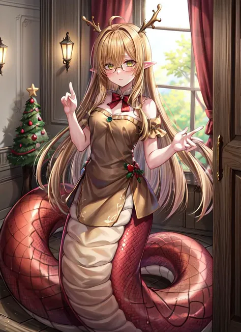 ((best quality)), ((highly detailed)), masterpiece, absurdres, (detailed eyes, deep eyes), <lora:more_details:.3>, (1girl), (glasses), dynamic pose, upper body, <lora:Gingerbread Dress_v1:1>, (gingerbread dress), <lora:hairdetailer:.6>, <lora:aiomonstergirls_aiov4LoraLycoris:.4>, <lora:animeLamia_v10:1>, (lamia), scales, tail, merged at waist, standing, (dirty blonde hair, dirty blonde scales), green yellow eyes, <lora:slit-pupils:1>, snake eyes, shaved sides, pointy ears, (indoors, at an entryway)