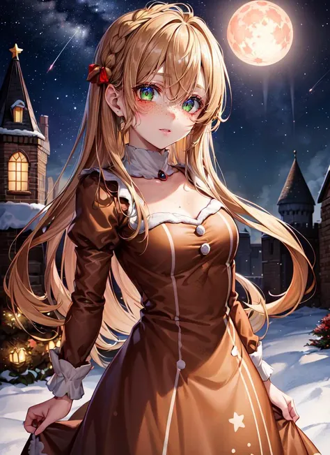 ((best quality)), ((highly detailed)), absurdres, detailed face, beautiful face, (detailed eyes, deep eyes), <lora:more_details:.2>, (1girl), cowboy shot, <lora:Gingerbread Dress_v1:1>, (gingerbread dress), red head, orange hair, vibrant green eyes, ((freckles)), (body freckles), (outdoors, at a castle, midnight, night sky, stars, lunar eclipse, shooting star)