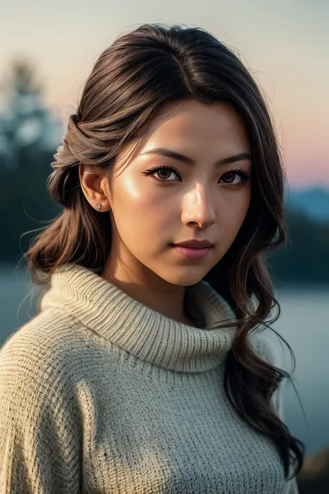 photo of beautiful (Koh_LilyMuniHe:0.99), a woman with perfect hair, hair upsweep updo, wearing (red Alpaca Pullover :1.1), (plain yellow snowscapes :1.1), modelshoot style, (extremely detailed CG unity 8k wallpaper), professional majestic photography, (smile), ((upper body)), (camera), 24mm, exposure blend, hdr, faded, extremely intricate, High (Detail:1.1), Sharp focus, dramatic, soft cinematic light, (upper body), (looking at viewer), (detailed pupils), 4k textures, soft cinematic light, adobe lightroom, photolab, elegant, ((((cinematic look)))), soothing tones, insane details, hyperdetailed, low contrast("I've got a bad feeling about this.":1.1), ("In Jernau we trust!":1.1),