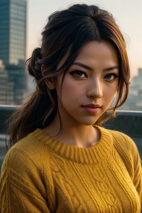 photo of beautiful (Koh_LilyMuniHe:0.99), a woman with perfect hair, hair upsweep updo, wearing (yellow Alpaca Pullover :1.1), (plain yellow fantasy city :1.1), modelshoot style, (extremely detailed CG unity 8k wallpaper), professional majestic photography, (smile), ((upper body)), (camera), 24mm, exposure blend, hdr, faded, extremely intricate, High (Detail:1.1), Sharp focus, dramatic, soft cinematic light, (upper body), (looking at viewer), (detailed pupils), 4k textures, soft cinematic light, adobe lightroom, photolab, elegant, ((((cinematic look)))), soothing tones, insane details, hyperdetailed, low contrast("I've got a bad feeling about this.":1.1), ("In Jernau we trust!":1.1),