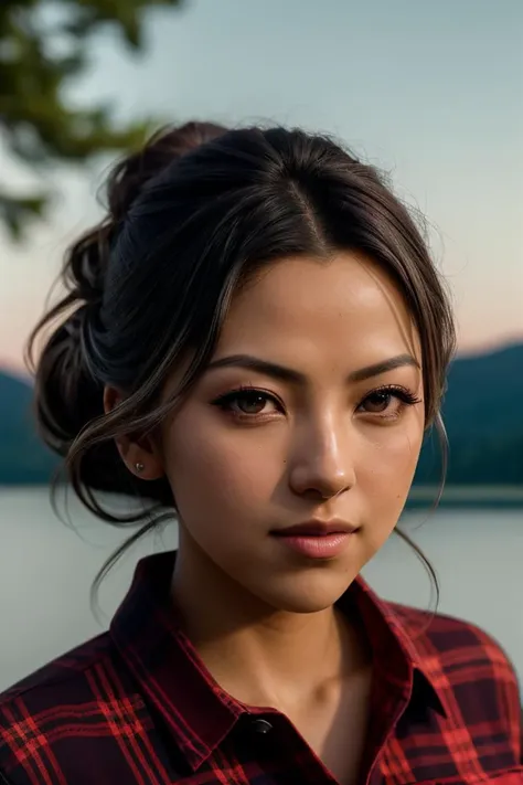 photo of beautiful (Koh_LilyMuniHe:0.99), a woman with perfect hair, hair upsweep updo, wearing (red Flannel Shirt :1.1), (plain red outside, lake, clear sky :1.1), modelshoot style, (extremely detailed CG unity 8k wallpaper), professional majestic photography, (smile), ((upper body)), (camera), 24mm, exposure blend, hdr, faded, extremely intricate, High (Detail:1.1), Sharp focus, dramatic, soft cinematic light, (upper body), (looking at viewer), (detailed pupils), 4k textures, soft cinematic light, adobe lightroom, photolab, elegant, ((((cinematic look)))), soothing tones, insane details, hyperdetailed, low contrast("I've got a bad feeling about this.":1.1), ("In Jernau we trust!":1.1),