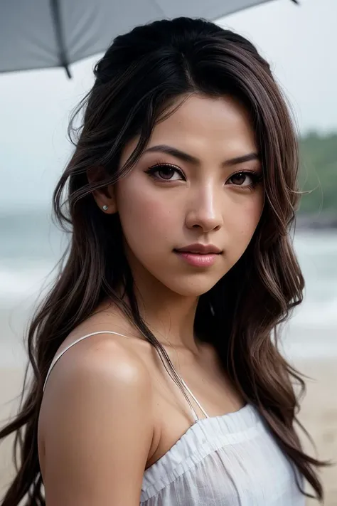 photo of beautiful (Koh_LilyMuniHe:0.99), a woman with perfect hair, hair upsweep updo, wearing (white Linen Tunic :1.1), (plain blue beach[::1], heavy rain, raining :1.1), modelshoot style, (extremely detailed CG unity 8k wallpaper), professional majestic photography, (smile), ((upper body)), (camera), 24mm, exposure blend, hdr, faded, extremely intricate, High (Detail:1.1), Sharp focus, dramatic, soft cinematic light, (upper body), (looking at viewer), (detailed pupils), 4k textures, soft cinematic light, adobe lightroom, photolab, elegant, ((((cinematic look)))), soothing tones, insane details, hyperdetailed, low contrast("I've got a bad feeling about this.":1.1), ("In Jernau we trust!":1.1),