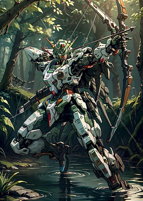 Assault Suit Leynos, Great Robo, Dangaioh Style, Mecha, One, camoflauge, spot_the_sniper, drawing bow and arrow,  <lora:Saya-drawing bow:0.75>
green armor, Robot,  <lora:Mecha:0.7>, High Definition, Smoth Lines., So_GunDam, <lora:Gundam_Mecha_v5.2:0.7> knee deep In the swamp, wading in the muck, dramatic shadows beaneath the canopy,