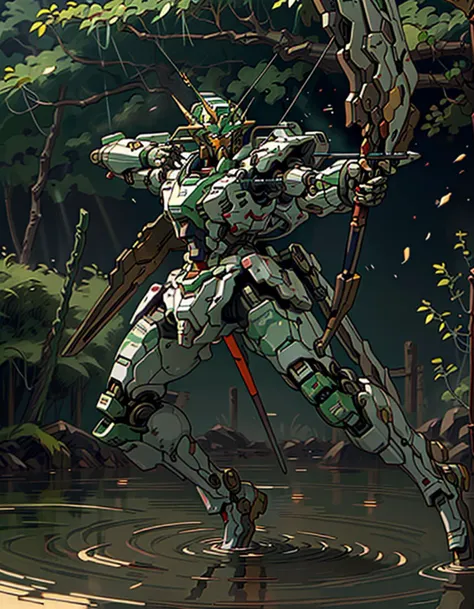 ((Assault Suit Leynos, Great Robo, Dangaioh Style, Mecha)),  drawing bow, <lora:Saya-drawing bow:1.01>, camoflauge
(green armor) Robot,  <lora:Mecha:0.7>, High Definition, Smoth Lines., So_GunDam, <lora:Gundam_Mecha_v5.2:0.7> knee deep In the swamp, wading in the muck, dramatic shadows beaneath the canopy,