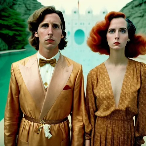 mdj style, Wes Anderson film still with beautiful girl and handsome guy in mdj style, beautiful hair, closeup, vintage, bronze hue, medium format, fuji superia 400, iso 400, hyperrealistic, perfectly rendered, grainy, smooth, hard focus, intricate details, cinematic, highly detailed, 8 k, 1 6 k