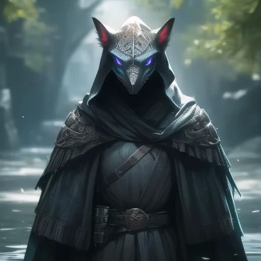 Pet Legion,blue eyes,no humans,animal,glowing,blurry,animal focus,character design,thick coated art,character,wearing armor,wearing a mask,a cool look,the whole body,UHD,8K,unreal engine rendering,glowing_eye,full_shot,assassin,wearing a cloak,<lora:cat and dog:0.9>,<lora:more_details:0.9>,artistic workï¼work of the fine arts,concept art,game artist,art design,on the water,grim,