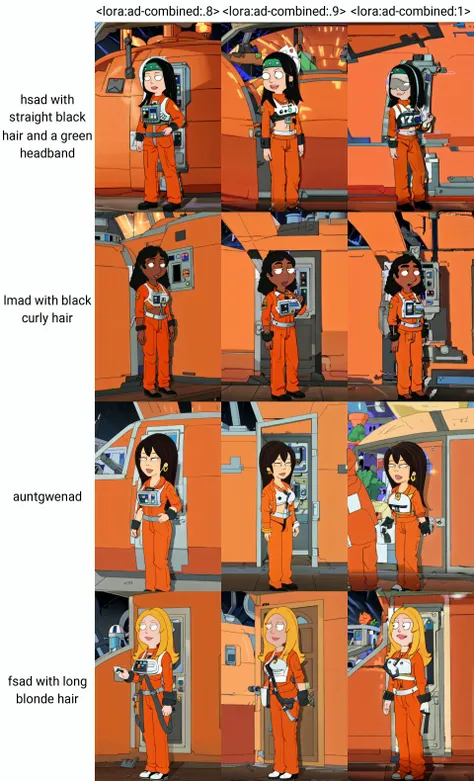fully dressed,  <lora:ad-combined:.8> , solo, hsad with straight black hair and a green headband  in an orange  rebel pilot suit on the deck of a rebel carrier, orange suit, white eyes, black pupils, one pupil per eye , <lora:starWarsRebelPilotSuit_v02:.85>,