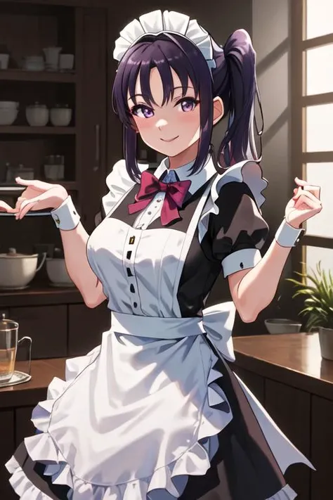 best quality, masterpiece, highres, solo, {maid:1.40}, {long maid dress:1.15}, {kazuno_sarah_lovelivesunshine:1.15}, bangs, purple_hair, sidelocks, smile, side_ponytail, purple_eyes, long_hair, blush, breasts