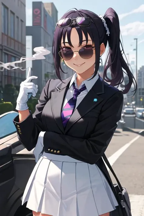 best quality, masterpiece, highres, solo, {black business suit:1.40}, {tie:1.20}, {sunglasses:1.25}, {white gloves:1.15}, {white shirt:1.10}, {black skirt:1.15}, {smoking:1.20}, handsome, {kazuno_sarah_lovelivesunshine:1.15}, bangs, purple_hair, sidelocks, smile, side_ponytail, purple_eyes, long_hair, blush, breasts