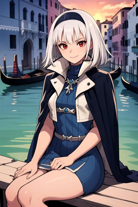 <lora:blancneigetag-000064:1> stbn, hairband, red eyes,
short hair, stcape, turtleneck, blue dress,
1girl, solo, gondola, venice, sitting, happy, water, sunset