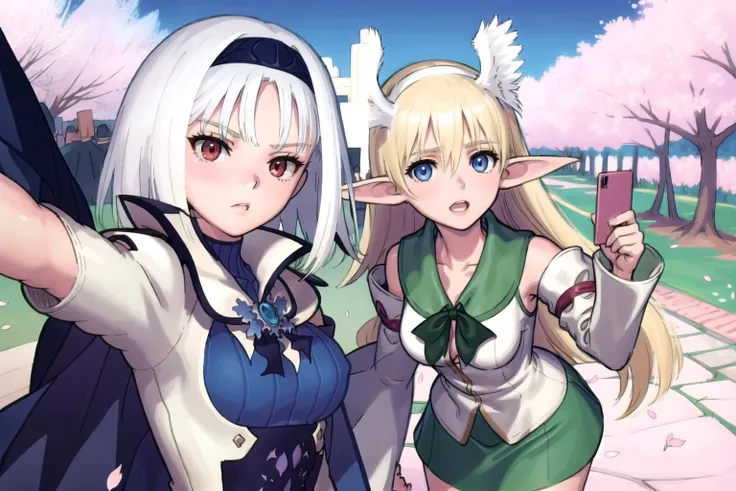 <lora:ufotable_lycoris_v4:0.2> ufotable style
2girls, selfie, smartphone, cherry blossoms, hanami
BREAK
<lora:blancneigetag-000064:1> stbn, hairband, red eyes, short hair, stcape, turtleneck, blue dress,
BREAK
<lora:elwingnext-000035:1> elwng, elf, headband, stdef, elwngskirt, juliet sleeves, green sleeves, green skirt, head wings