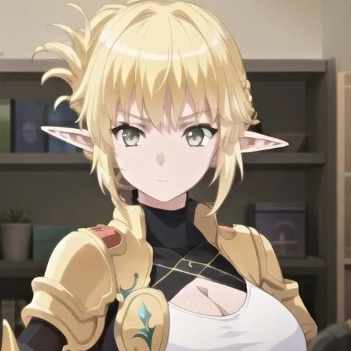 (masterpiece, best quality:1.2),illustration,8k,hd,1girl,solo,upper body,(portrait:1.2),pointy ears,blonde hair,elf,green eyes,folded ponytail,skirt,black pantyhose,belt,cleavage,large breasts,midriff,gauntlets,crop top,navel,<lora:ijisu-000001:0.9>,
