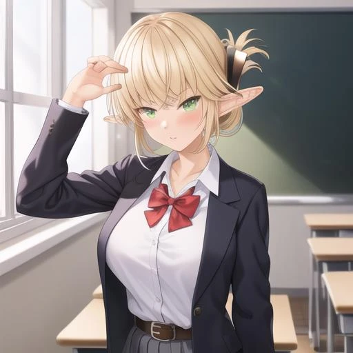 (masterpiece, best quality:1.2),illustration,8k,hd,1girl,solo,upper body,(portrait:1.2),elf,shirt,large breasts,pointy ears,blonde hair,green eyes,looking at viewer,white shirt,bow,bowtie,indoors,jacket,collared shirt,bangs,belt,classroom,black pantyhose,blush,long sleeves,folded ponytail,collarbone,open jacket,pleated skirt,hair ornament,long hair,sidelocks,standing,<lora:Ijisu(Manga)>,
