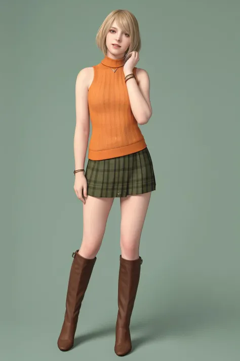 (masterpiece:1.2),best quality,high resolution,unity 8k wallpaper,(illustration:1),perfect lighting,photo_\(medium\),photorealistic,realistic,
1girl, solo, looking at viewer, outdoors,dark_shot, <lora:ashley:0.6>ashley graham, yellow clothes, green plaid skirt, 1girl, boots, bracelet, green_background, plaid, plaid_skirt, realistic, skirt, sleeveless, solo, sweater, 1girl, solo, short_hair, skirt, blonde_hair, simple_background, shirt, bare_shoulders, jewelry, standing, full_body, boots, sleeveless, miniskirt, sweater, lips, plaid, turtleneck, plaid_skirt, knee_boots, green_background, realistic, sleeveless_turtleneck, orange_shirt