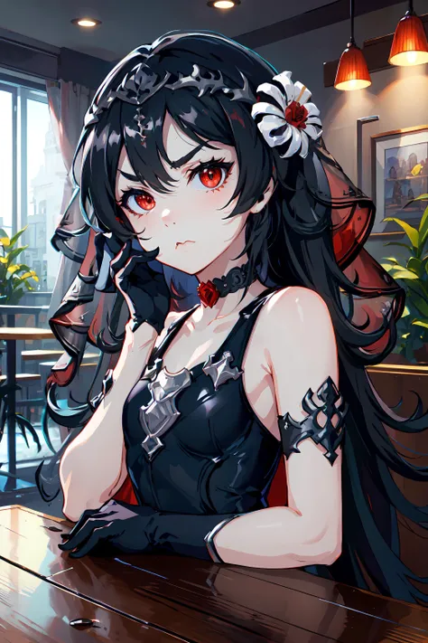illya, ceremonial outfit, ceremonial small, flat chest, highres, highest quallity, illustration, ultra detailed, (detailed face), (detailed eyes), soft lighting, best quality, hyper detailed, masterpiece, 1girl, solo, long hair, black hair, red eyes, veil, hair ornament, flower choker, black dress, leotard, black gloves, luminous eyes, (colorful), looking at viewer, upper body, day, sunlight, indoors, cafe, sitting, table, coffee, pout, annoyed 
 <lora:Ceremonial_Illya:0.9>
