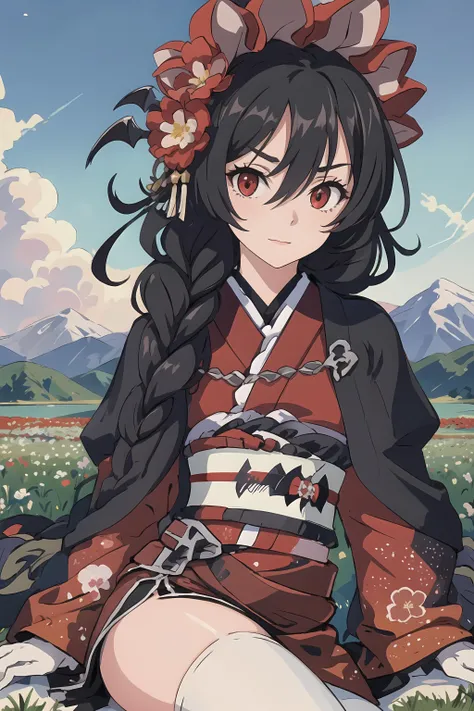illya, illya ny, illya nysmall, flat chest, highres, highest quallity, illustration, ultra detailed, (detailed face), (detailed eyes), soft lighting, best quality, hyper detailed, masterpiece, 1girl, solo, long hair, black hair, red eyes, bonnet, red kimono, frills obi, kimono belt, white thighhighs, white gloves, luminous eyes, (colorful),  looking at viewer, sitting, outdoors, clouds, sky, mountains, flowers on ground, (flower field:1.2) 
<lora:ny_illya2:0.9>