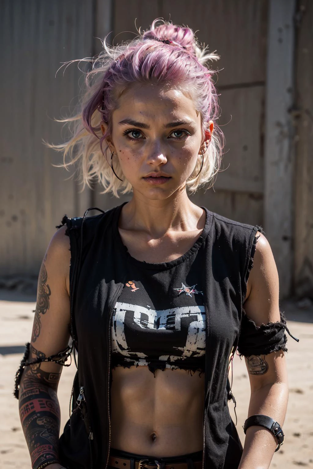 1girl, standing,adult, slender, buzz cut, punk girl, mad max,(disheveled clothes:1.4),